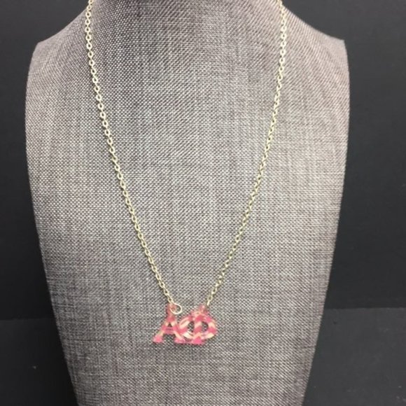 Alpha Phi Sorority Necklace Pink Striped Acrylic Silver Chain Greek Barbie - Picture 2 of 6